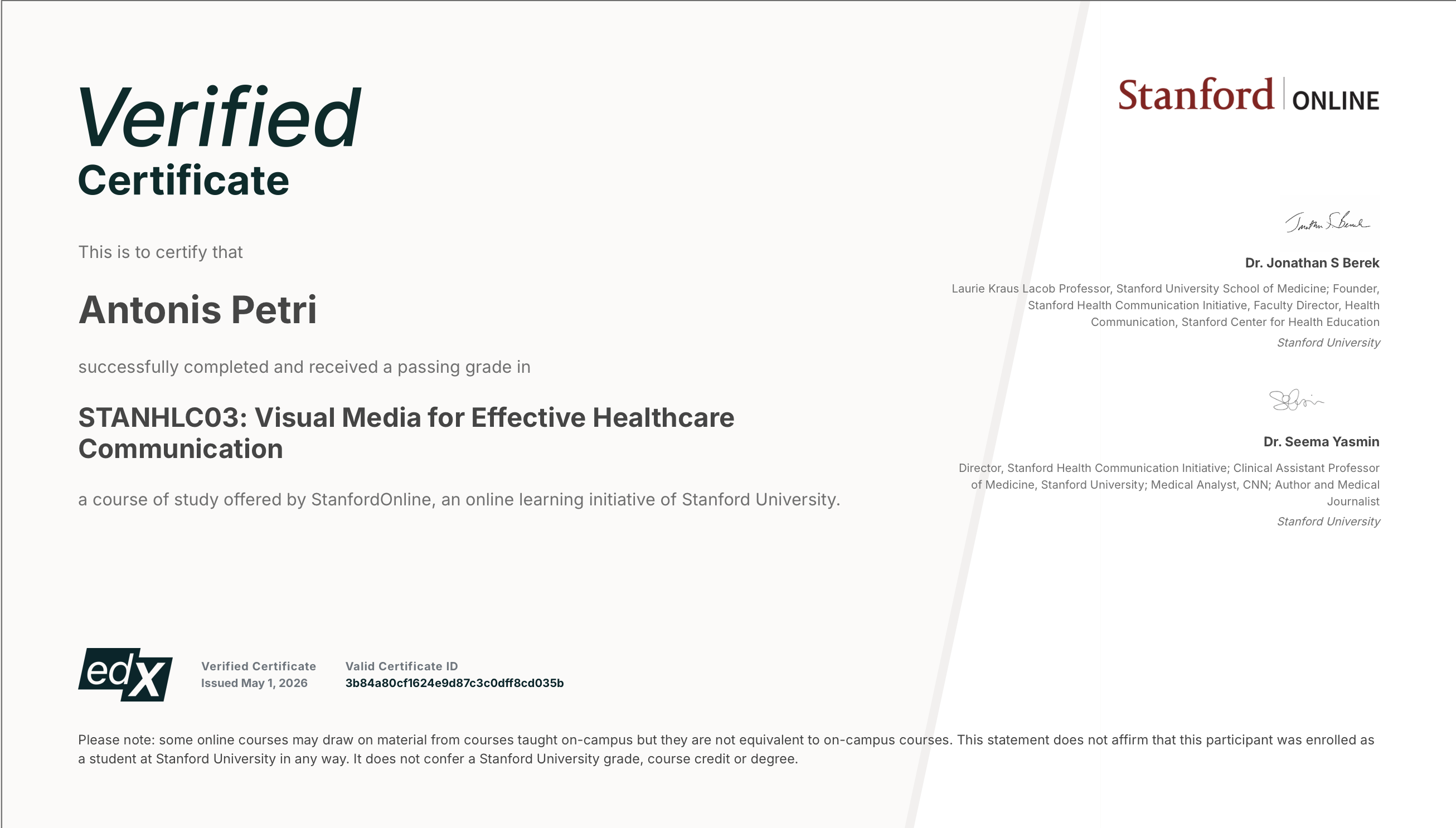 Stanford Visual Media for Effective Healthcare Communication Certificate