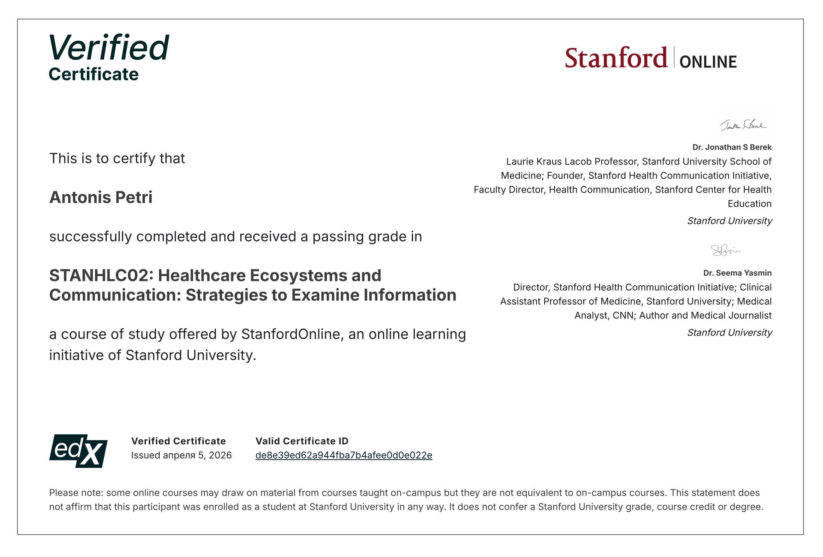 Stanford Healthcare Ecosystems and Communication Certificate